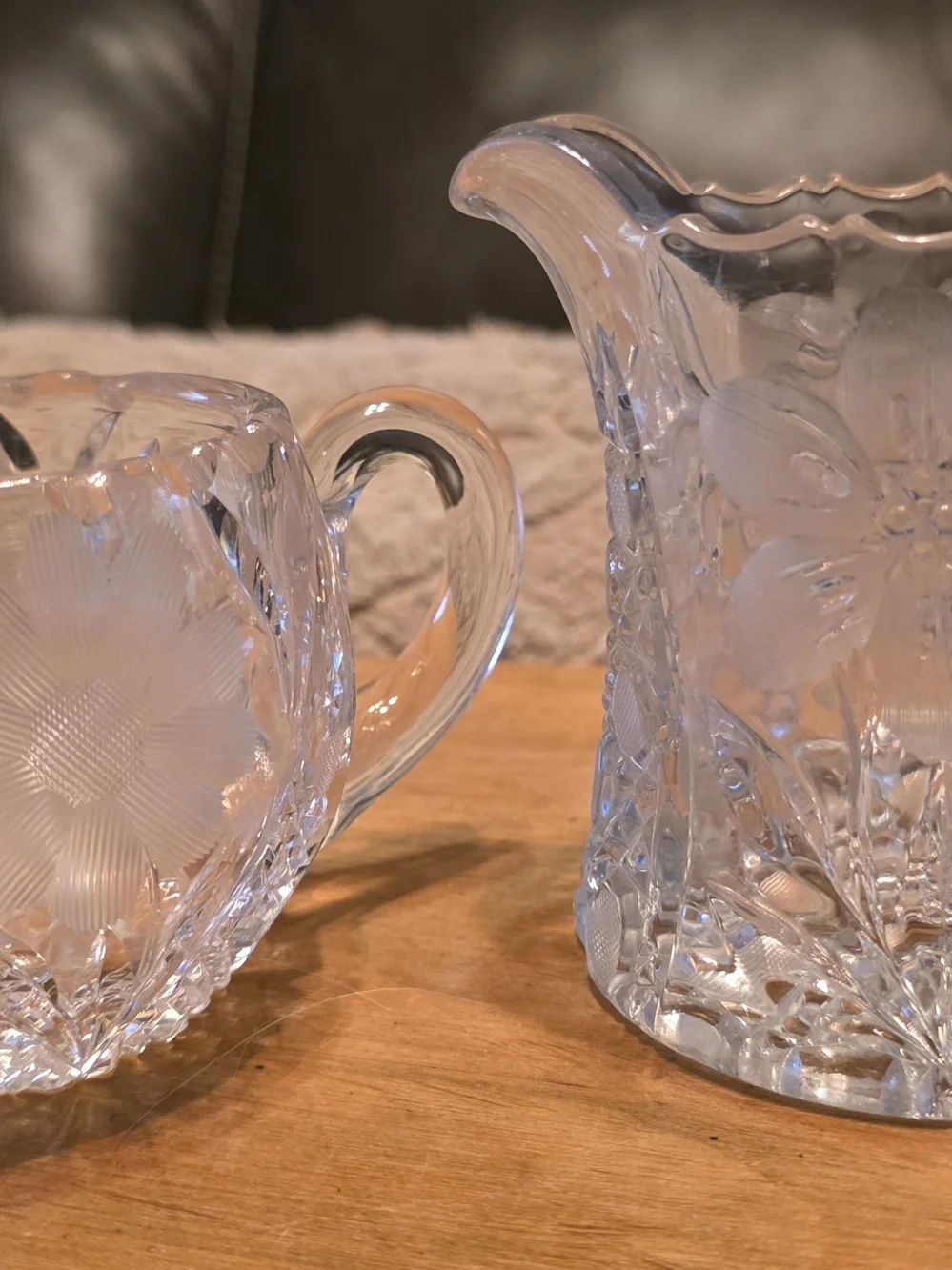 Vintage Heavy Cut Crystal Creamer & Pitcher Set | Floral Etched Crystal